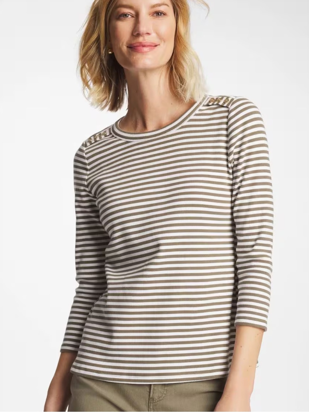 Chico’s striped ribbed button crewneck tee large